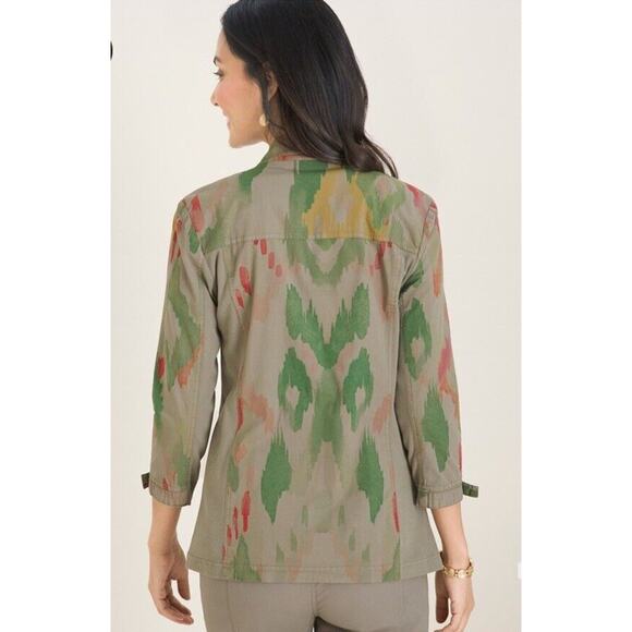 Chicos Zenergy Jacket Womens 0 Small Green Ikat Utility Zip Up Tie 3/4 Sleeve - Picture 3 of 14